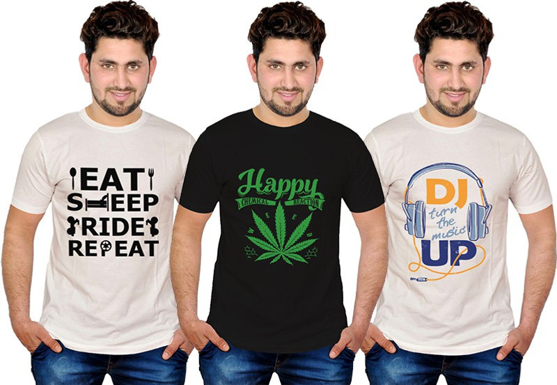 INKIT Graphic Print Men Round Neck Black, White T-Shirt(Pack of 3)