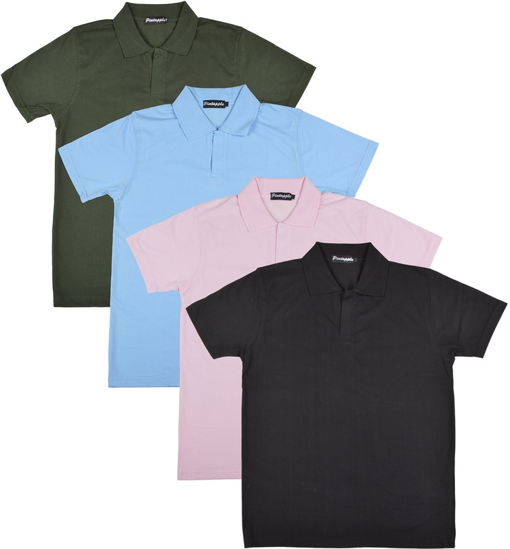 Pintapple Solid Men Polo Neck Black, Pink, Light Blue, Dark Green T-Shirt(Pack of 4)