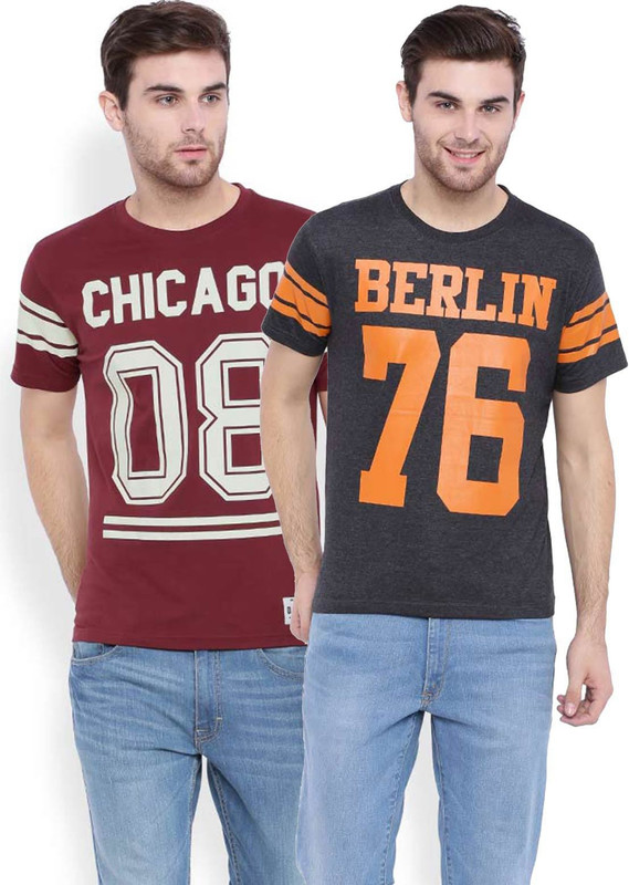 DIFFERENCE OF OPINION Printed Men Round Neck Maroon, Grey T-Shirt(Pack of 2)