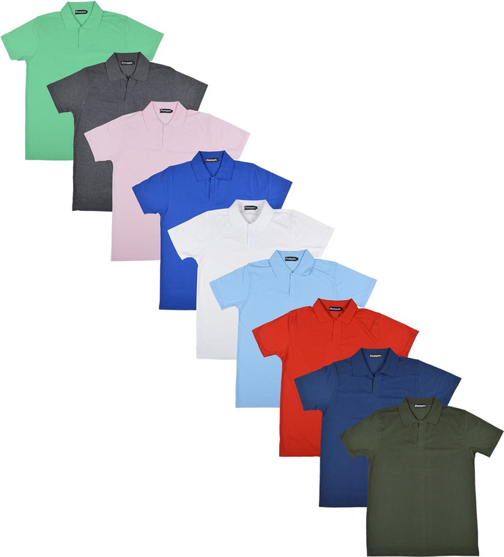 Pintapple Solid Men Polo Neck White, Blue, Pink, Grey, Light Green, Light Blue, Red, Dark Blue, Dark Green T-Shirt(Pack of 9)