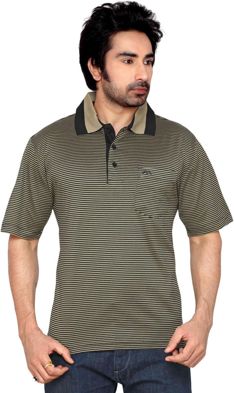 Thinc Striped Men Polo Neck Black, Beige T-Shirt