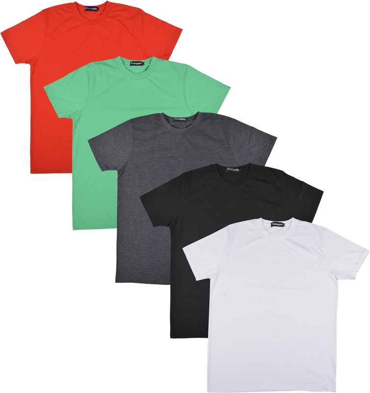 Pintapple Solid Men Round Neck White, Black, Grey, Light Green, Red T-Shirt(Pack of 5)