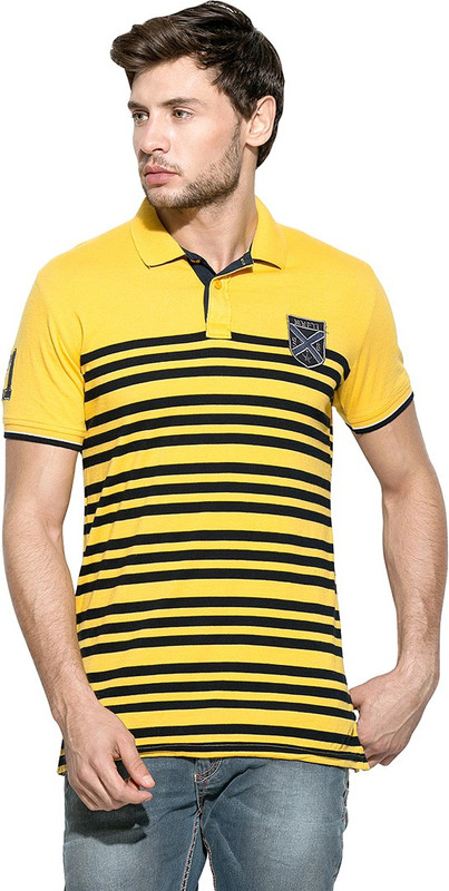 Mufti Striped Men Polo Neck Yellow, Black T-Shirt