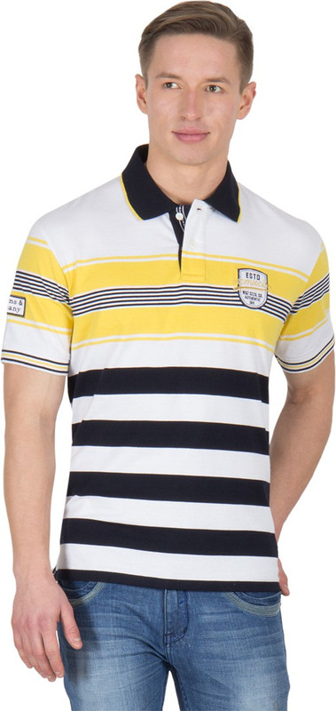 Wilkins & Tuscany Striped Men Polo Neck Gold T-Shirt