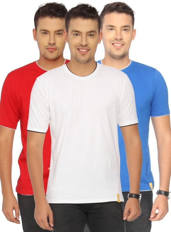 Campus Sutra Solid Men Round or Crew Red, White, Blue T-Shirt(Pack of 3)