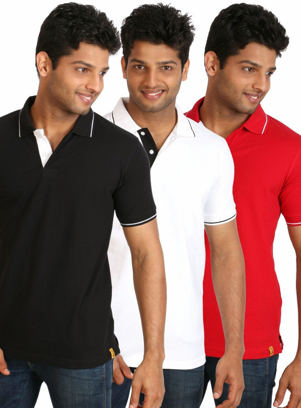 Campus Sutra Solid Men Polo Neck Black, White, Red T-Shirt(Pack of 3)