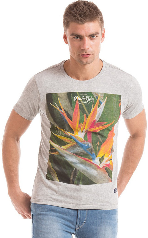 Flying Machine Printed Men Round Neck Grey T-Shirt