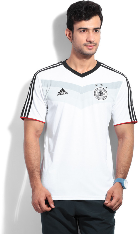 ADIDAS Striped Men V-neck White T-Shirt