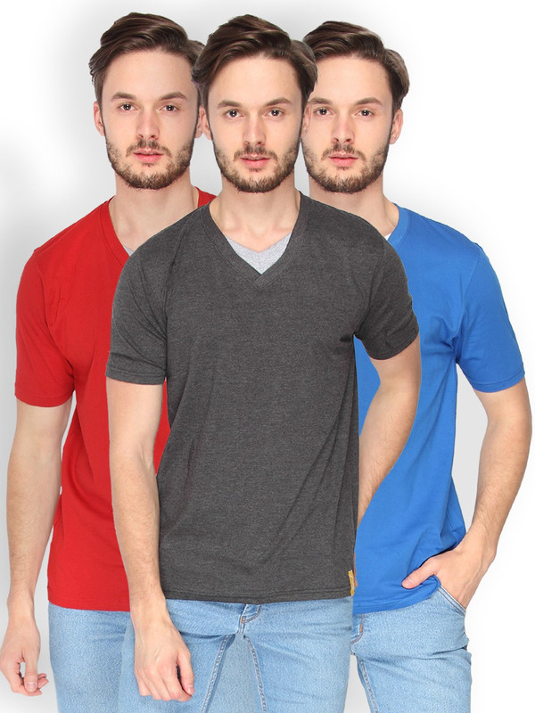 Campus Sutra Solid Men V-Neck Grey, Blue, Red T-Shirt(Pack of 3)