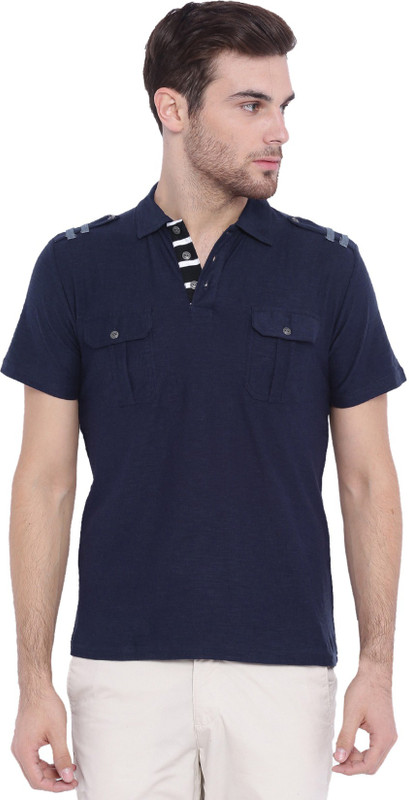 Arise Self Design Men Polo Neck Blue T-Shirt