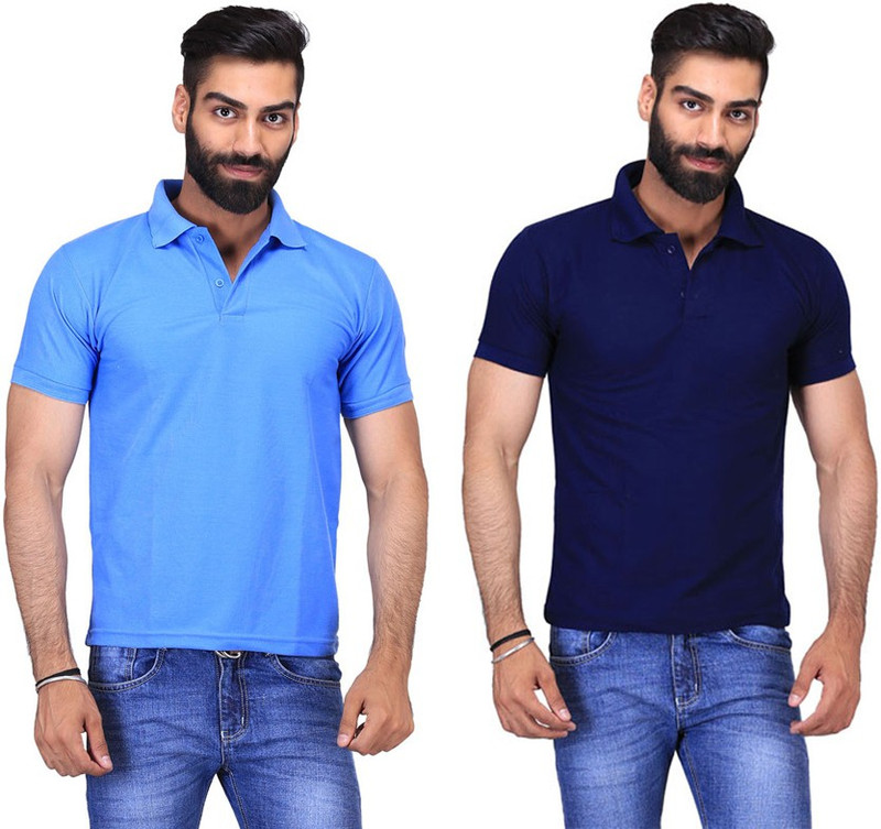 Fuego Solid Men Polo Neck Dark Blue, Light Blue T-Shirt(Pack of 2)
