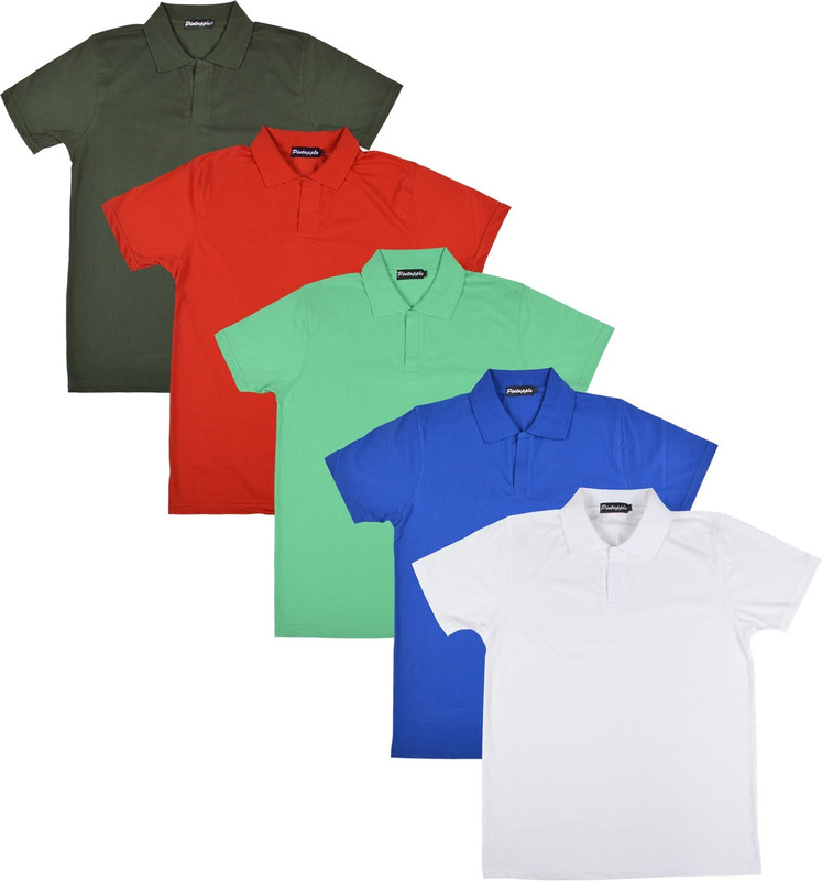 Pintapple Solid Men Polo Neck White, Blue, Light Green, Red, Dark Green T-Shirt(Pack of 5)