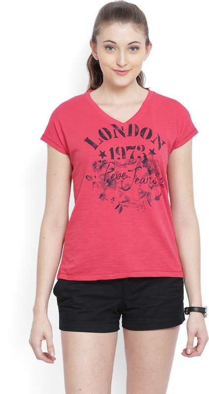 Pepe Jeans Printed Women V-neck Red T-Shirt