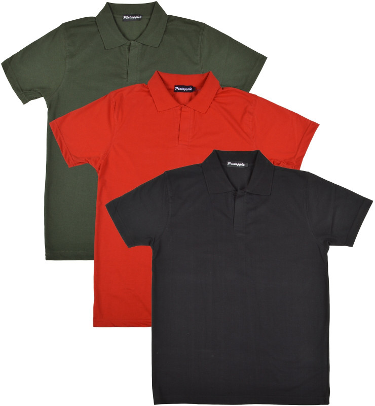Pintapple Solid Men Polo Neck Black, Red, Dark Green T-Shirt(Pack of 3)