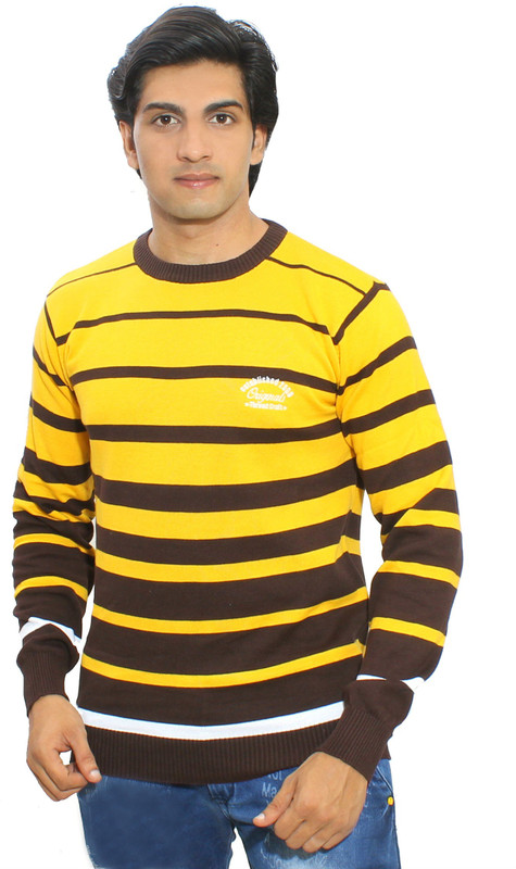 Thread Craft Striped Men Round Neck Yellow, Brown T-Shirt