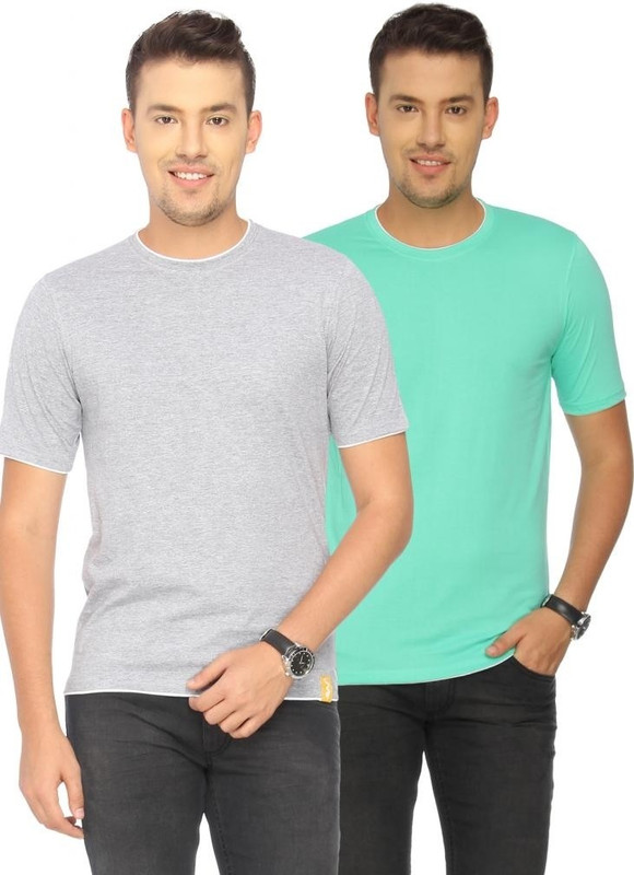 Campus Sutra Solid Men Round or Crew Grey, Green T-Shirt(Pack of 2)