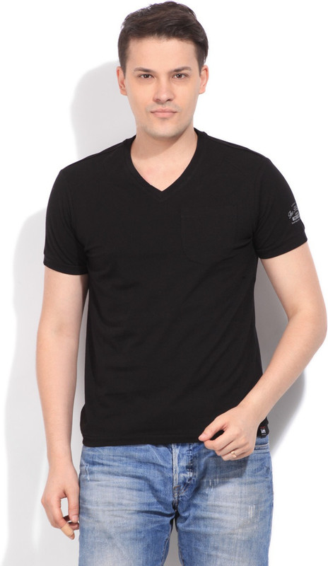 Lee Solid Men V-neck Black T-Shirt