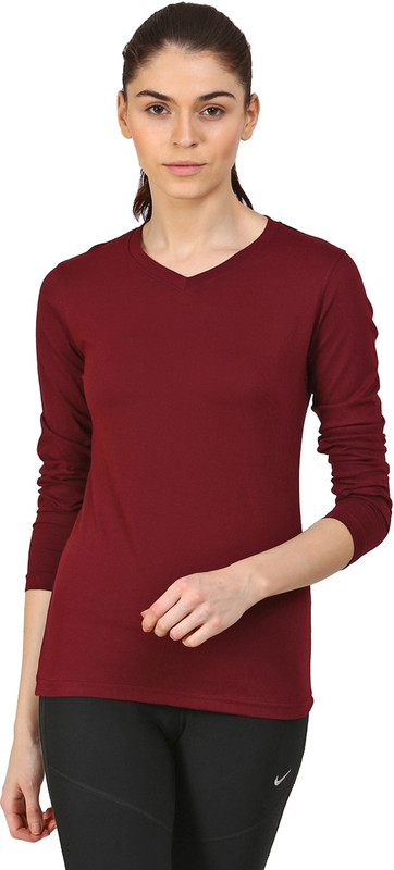 Ap'pulse Solid Women Round Neck Maroon T-Shirt