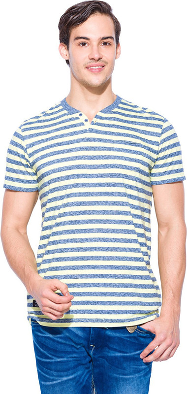 Mufti Striped Men Henley Yellow, Blue T-Shirt