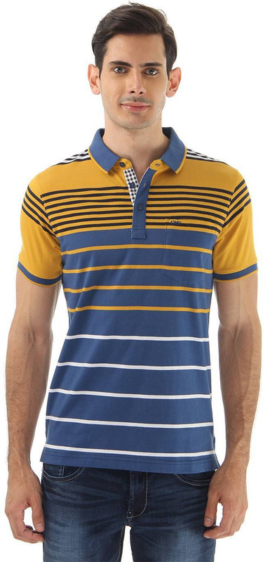 Cloak & Decker Striped Men Polo Neck Blue, Yellow T-Shirt Cloak & Decker Striped Men Polo Neck Blue, Yellow T-Shirt