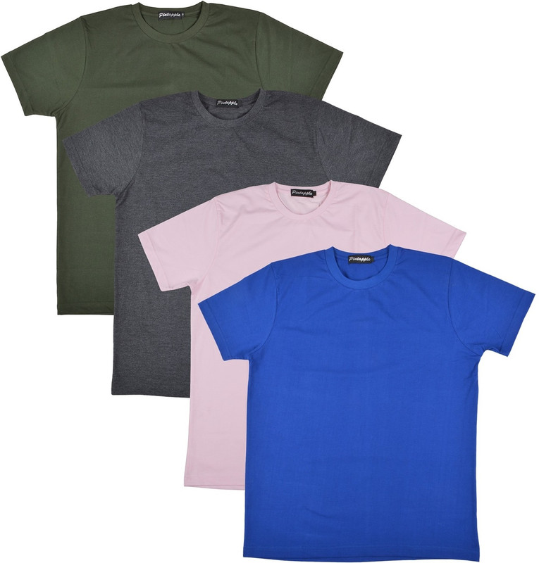 Pintapple Solid Men Round Neck Blue, Pink, Grey, Dark Green T-Shirt(Pack of 4)