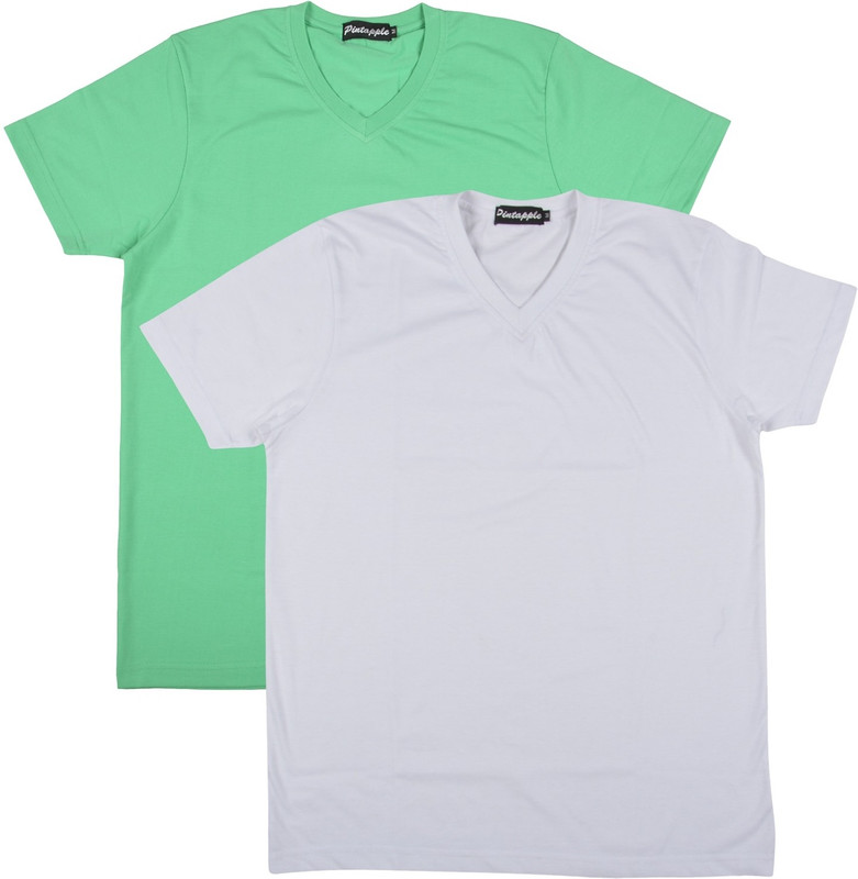 Pintapple Solid Men V-neck White, Light Green T-Shirt(Pack of 2)