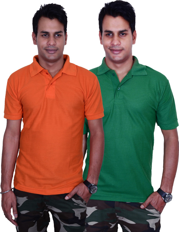 Blaze Solid Men Polo Neck Orange, Green T-Shirt(Pack of 2)