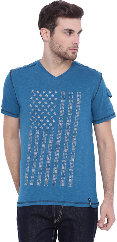 Arise Printed Men V-neck Blue T-Shirt