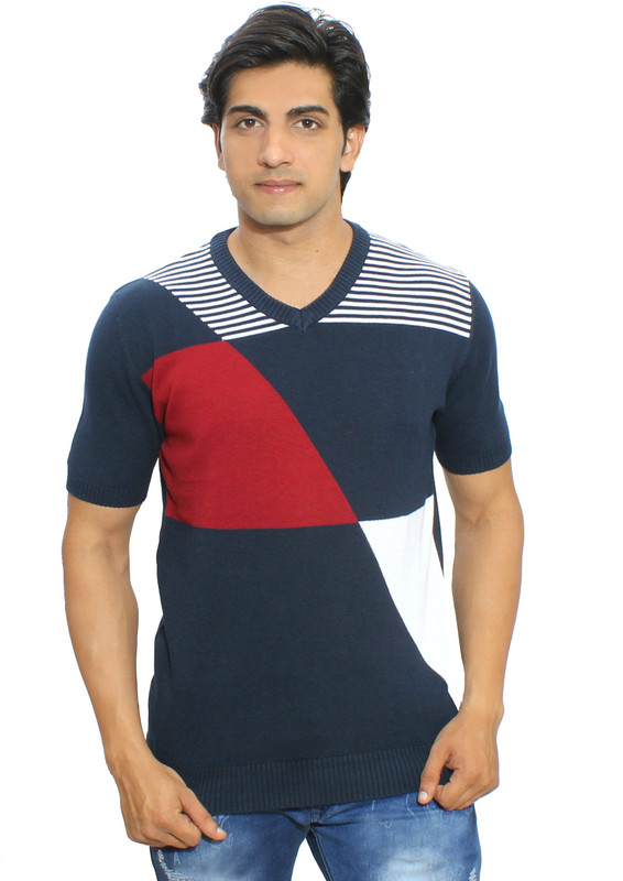 Thread Craft Graphic Print Men V-neck Blue, White T-Shirt