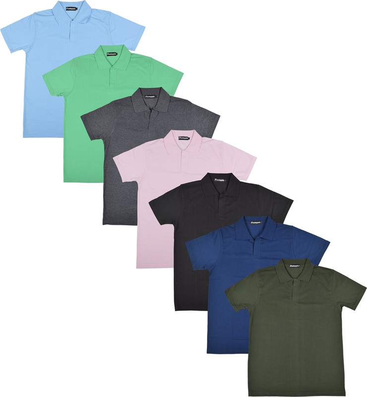 Pintapple Solid Men Polo Neck Black, Pink, Grey, Light Green, Light Blue, Dark Blue, Dark Green T-Shirt(Pack of 7)
