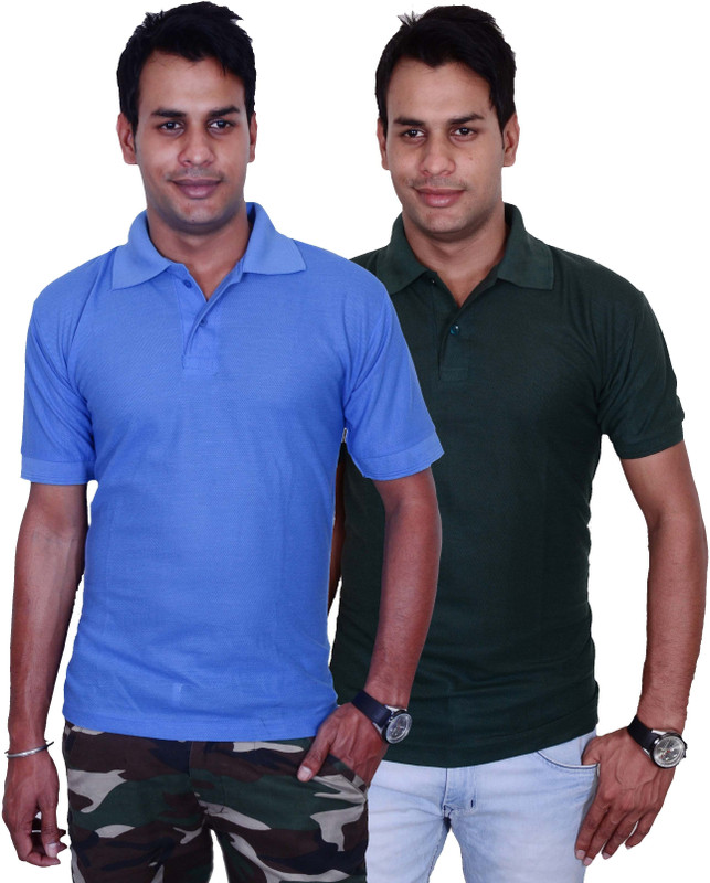 Blaze Solid Men Polo Neck Blue, Dark Green T-Shirt(Pack of 2)