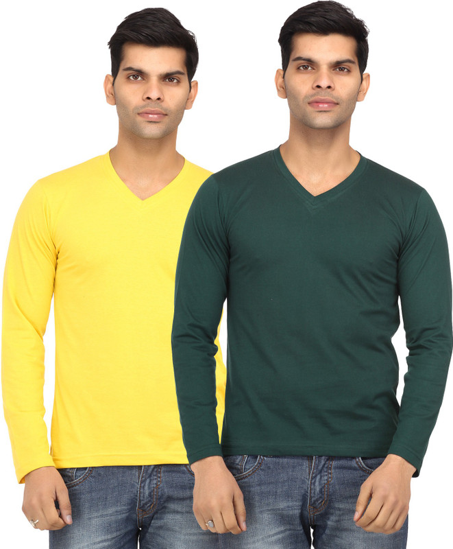 Leana Solid Men Round Neck Yellow, Green T-Shirt(Pack of 2)