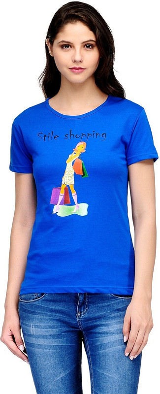 Stilestreet Printed Women Round Neck Blue T-Shirt