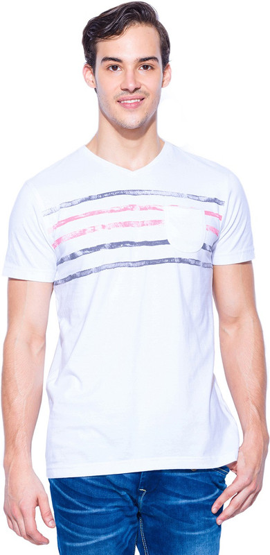 Mufti Striped Men V-neck White, Pink T-Shirt