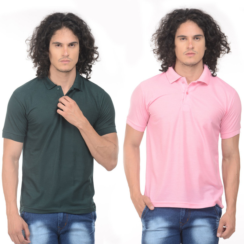 Gold Axe Solid Men Polo Neck Green, Pink T-Shirt(Pack of 2) Gold Axe Solid Men Polo Neck Green, Pink T-Shirt(Pack of 2)