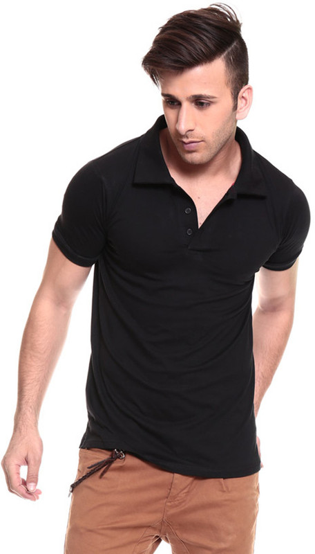 Izinc Solid Men Polo Neck Black T-Shirt