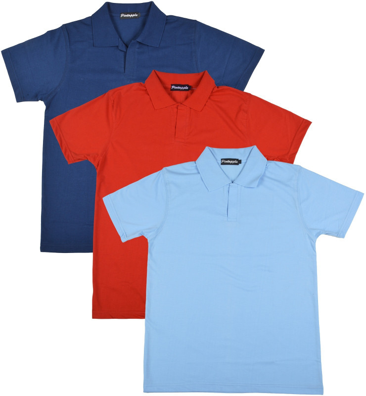 Pintapple Solid Men Polo Neck Light Blue, Red, Dark Blue T-Shirt(Pack of 3)