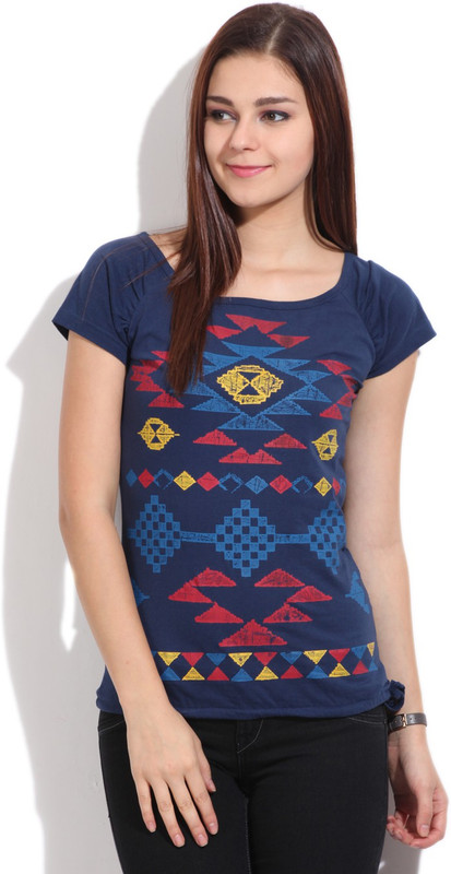 Flying Machine Printed Women Round Neck Blue T-Shirt