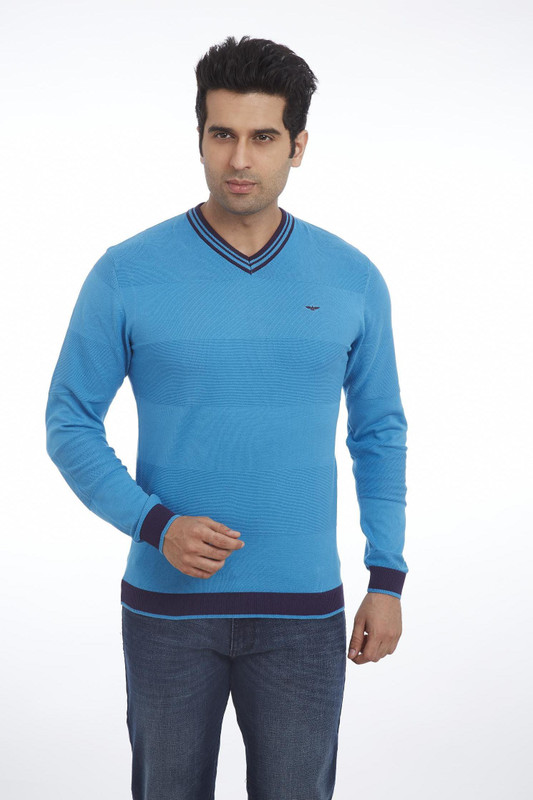 Park Avenue Striped Men V-neck Blue T-Shirt