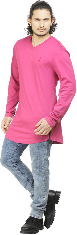 Oviyon Solid Men V-neck Pink T-Shirt