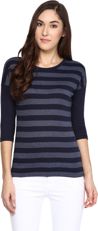 Hypernation Striped Women High Neck Blue, Grey T-Shirt