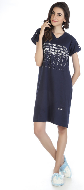 DE'MODA Printed Women V-neck Dark Blue T-Shirt