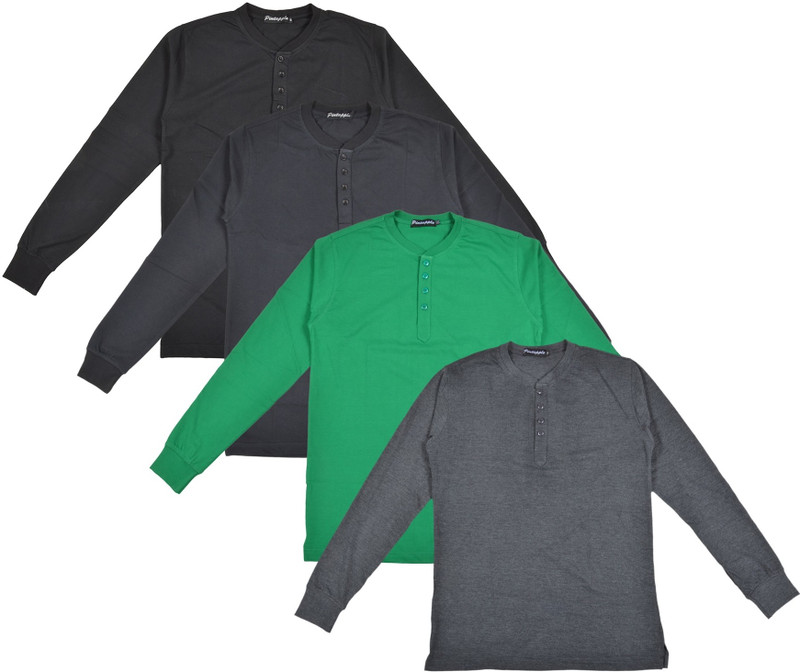 Pintapple Solid Men Henley Grey, Green, Black, Black T-Shirt(Pack of 4)