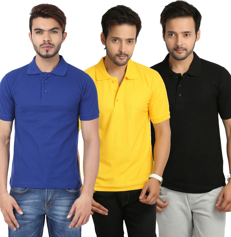 Weardo Solid Men Polo Neck Black, Yellow, Blue T-Shirt(Pack of 3)