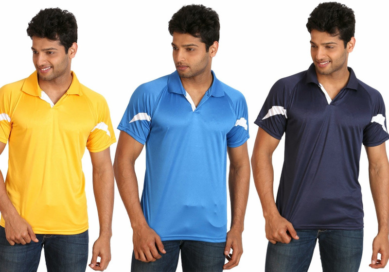 Campus Sutra Solid Men Polo Neck Light Blue, Dark Blue, Yellow T-Shirt(Pack of 3)