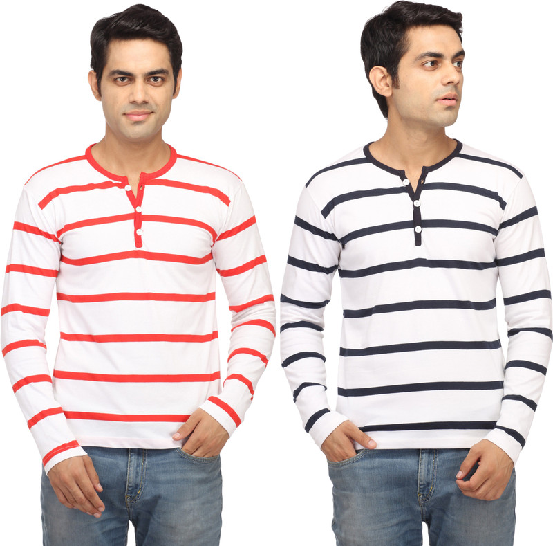 Leana Striped Men Round Neck Red, Blue T-Shirt(Pack of 2)
