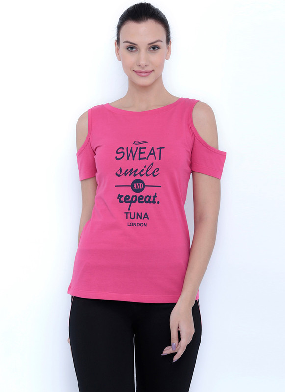 Tuna London Printed Women Round Neck Pink T-Shirt