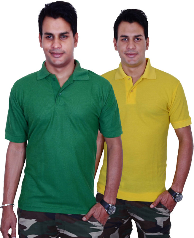 Blaze Solid Men Polo Neck Green, Yellow T-Shirt(Pack of 2)