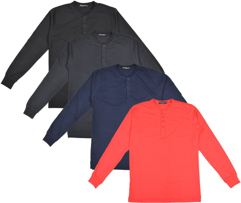 Pintapple Solid Men Henley Red, Dark Blue, Black, Black T-Shirt(Pack of 4)