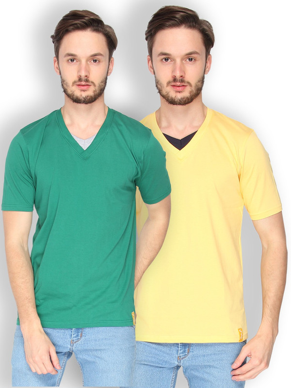 Campus Sutra Solid Men V-Neck Green, Yellow T-Shirt(Pack of 2)